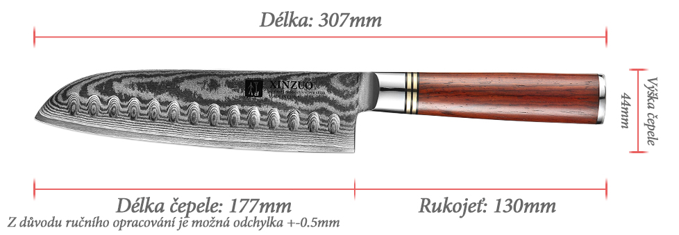 Santoku nůž XinZuo He B1R velikost